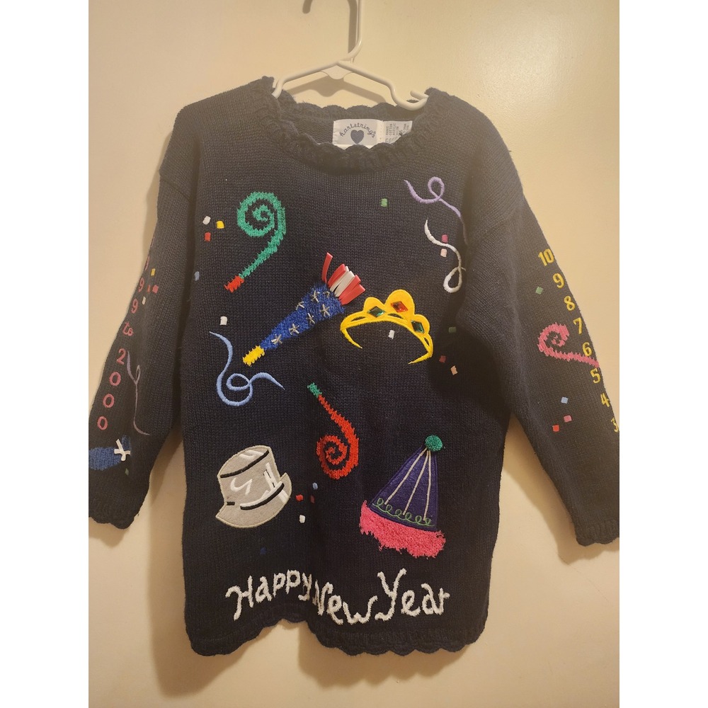 Vintage Hartstrings Girls Navy Happy New Year 2000 Millennium Knit Sweater 5/6